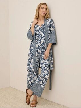 Pact Women's 3 Piece Staycation Sleep Set Blue Floral Organic Cotton Large